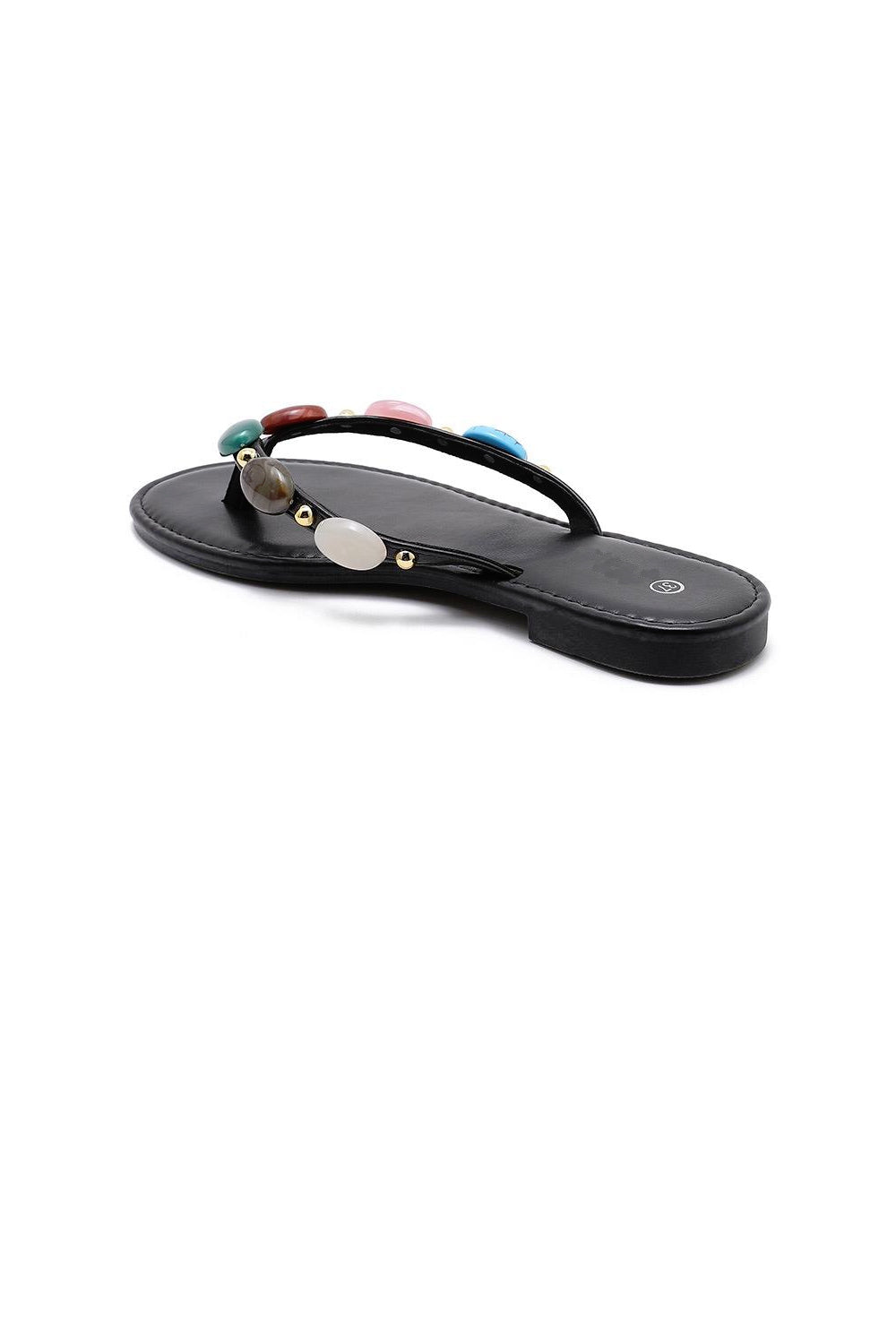 Women's Black Pu Gemstone Strap Flat Sandals Thong Slides