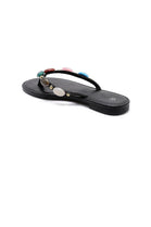 Women's Black Pu Gemstone Strap Flat Sandals Thong Slides