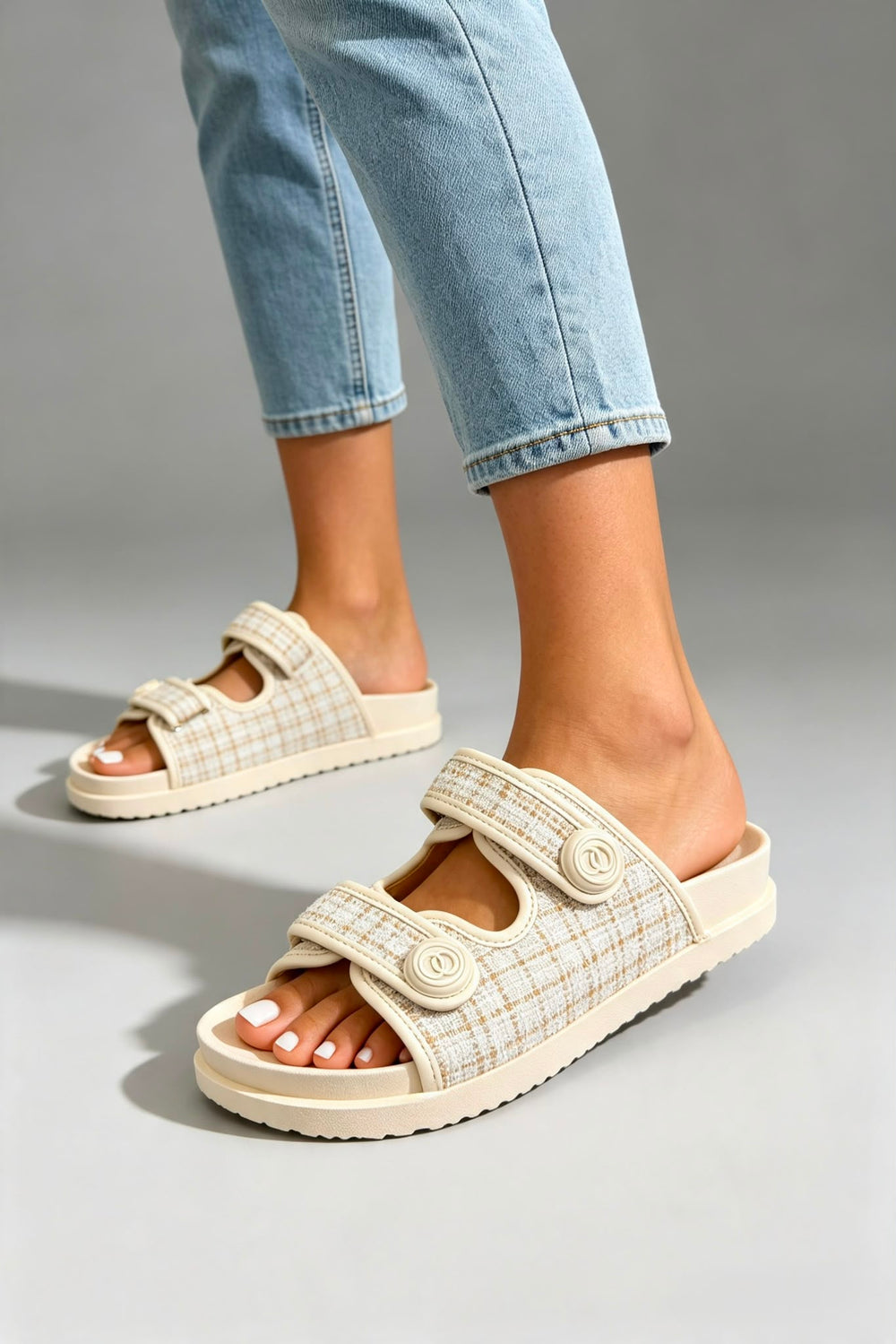 CLASSIC TWEED DOUBLE STRAP CHUNKY SLIDER SANDALS IN BEIGE