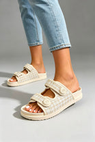CLASSIC TWEED DOUBLE STRAP CHUNKY SLIDER SANDALS IN BEIGE