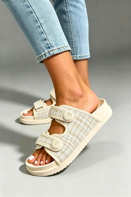 CLASSIC TWEED DOUBLE STRAP CHUNKY SLIDER SANDALS IN BEIGE