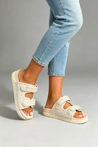 CLASSIC TWEED DOUBLE STRAP CHUNKY SLIDER SANDALS IN BEIGE