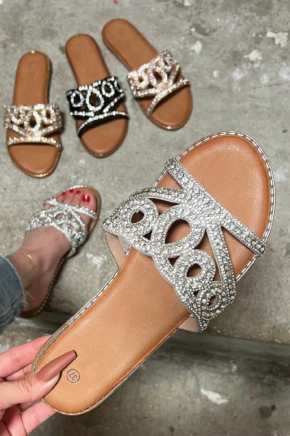 SILVER DIAMANTE DETAIL SPARKLY FLAT SLIDER SANDALS