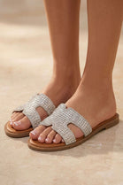 Wholesale Premium Rhinestone Embellished Flat Slide Sandals In Silver