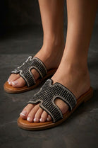 Wholesale Premium Rhinestone Embellished Flat Slide Sandals In Black