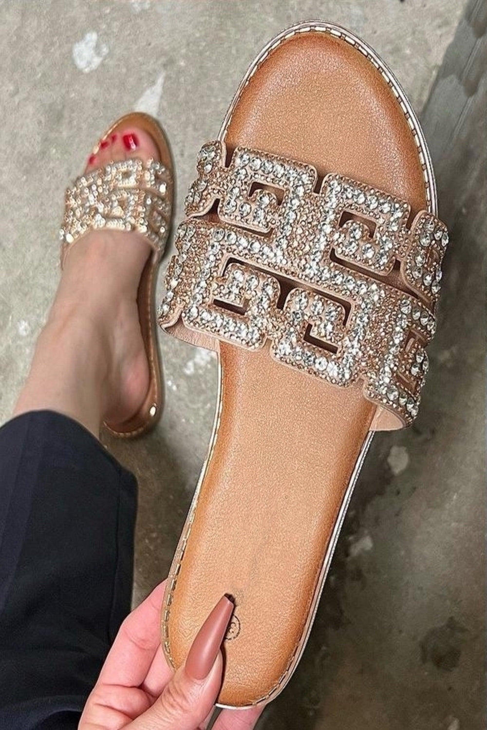Women's Champagne Rhinestone Detail Slide Sandals Luxe Sparkle Flats