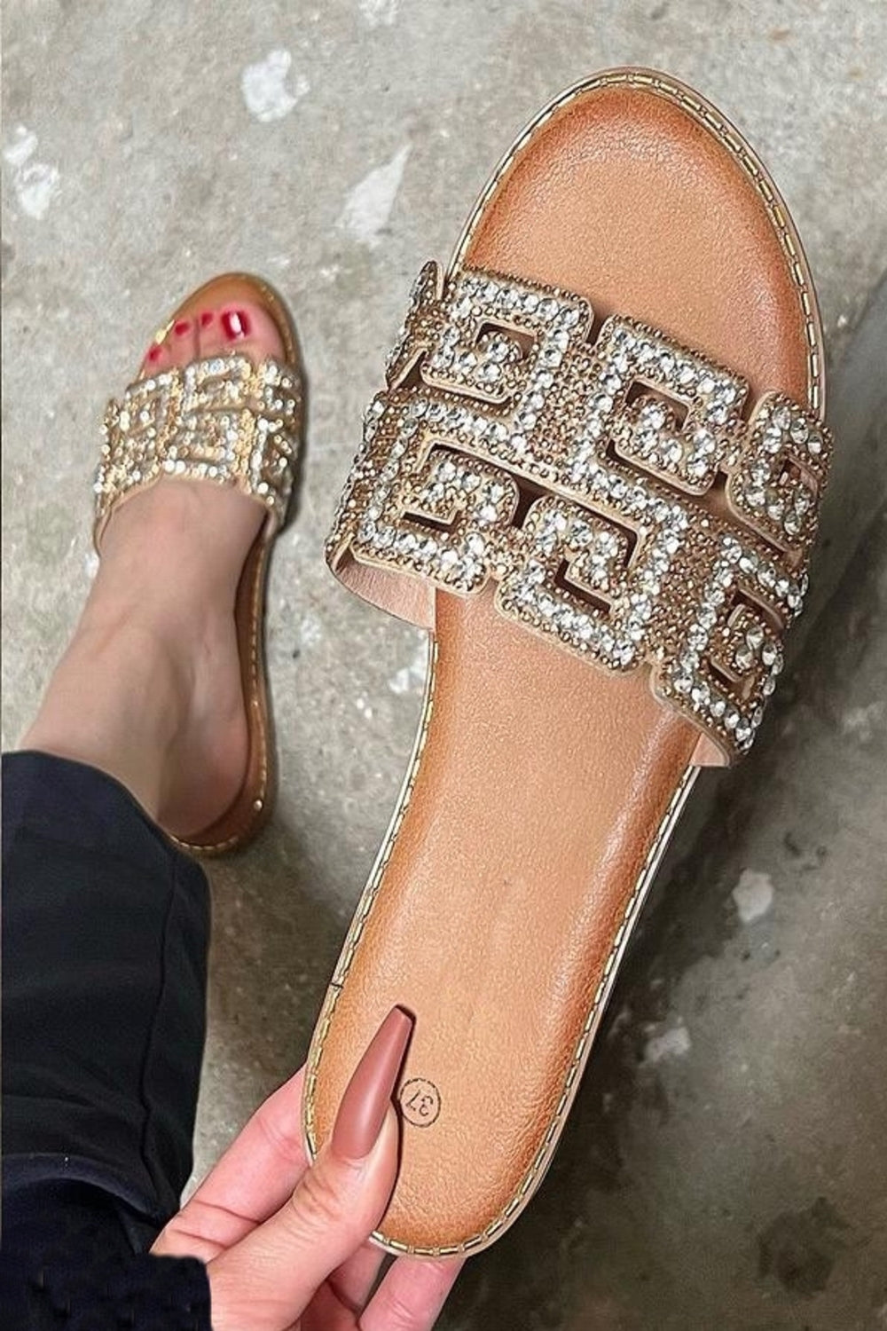 Women's Gold Rhinestone Detail Slide Sandals Luxe Sparkle Flats