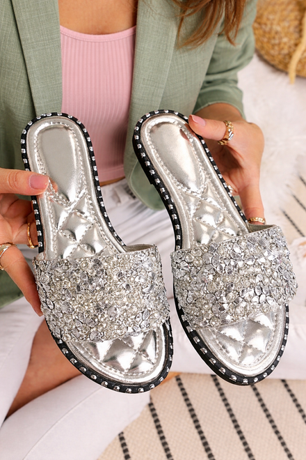 Silver Crystal Embellished Slider Sandals