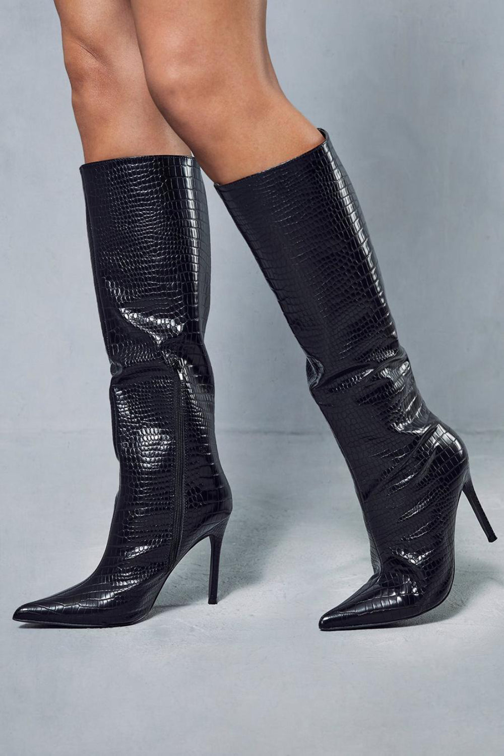 Black Croc High Heel Calf Boots With Pointed Toe