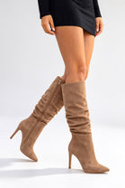 Camel Suede Ruched Knee-High Pointed Toe Stiletto Boots