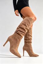 Camel Suede Ruched Knee-High Pointed Toe Stiletto Boots