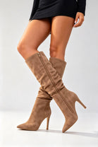 Camel Suede Ruched Knee-High Pointed Toe Stiletto Boots