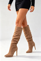 Camel Suede Ruched Knee-High Pointed Toe Stiletto Boots