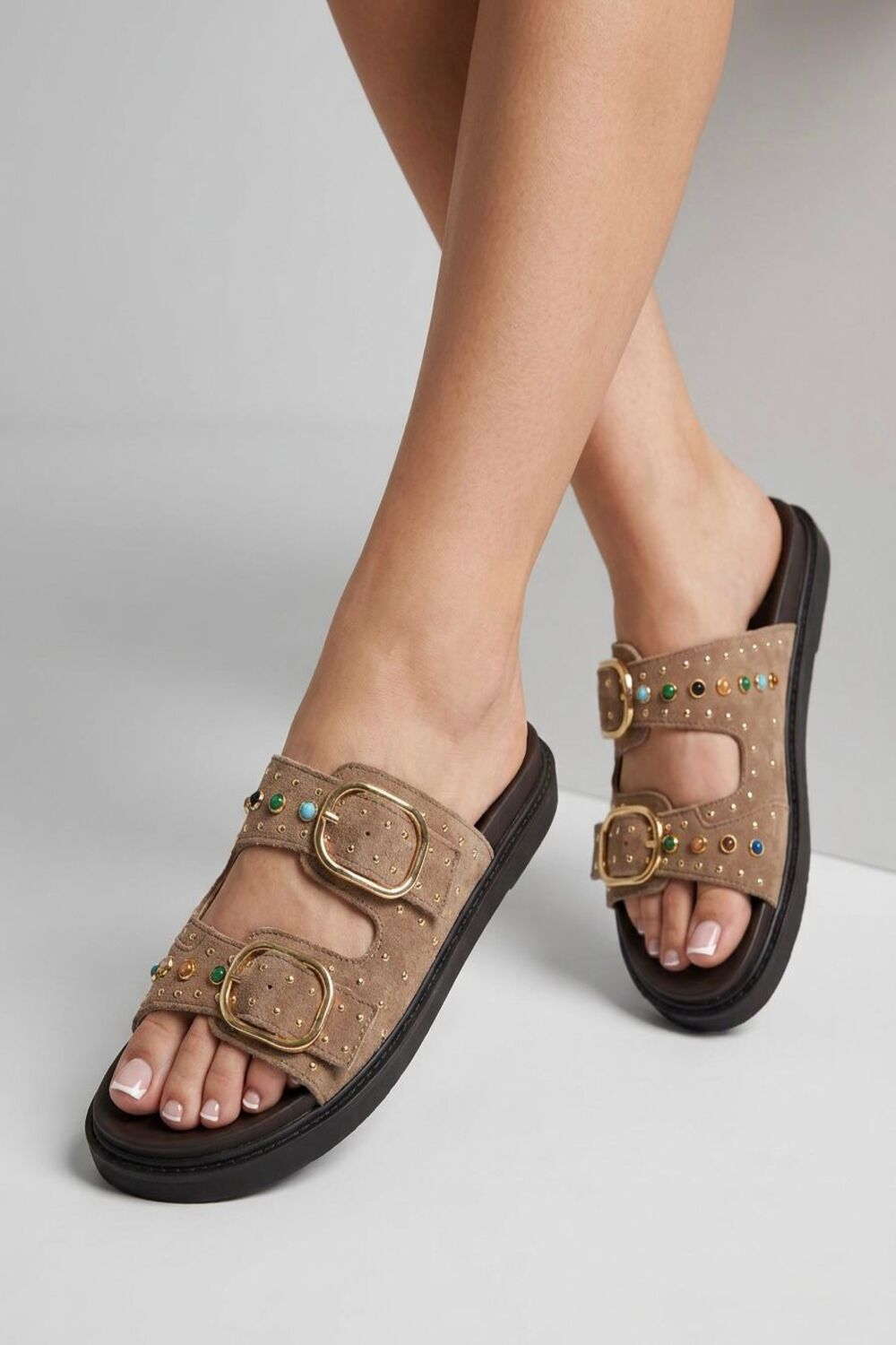 Camel Suede Studded Double Buckle Slide Sandals Embellished Summer Flats