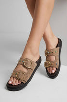 Camel Suede Studded Double Buckle Slide Sandals Embellished Summer Flats