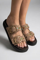Camel Suede Studded Double Buckle Slide Sandals Embellished Summer Flats