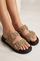 Camel Suede Studded Double Buckle Slide Sandals Embellished Summer Flats