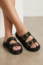 Black Suede Studded Double Buckle Slide Sandals Embellished Summer Flats