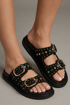Black Suede Studded Double Buckle Slide Sandals Embellished Summer Flats