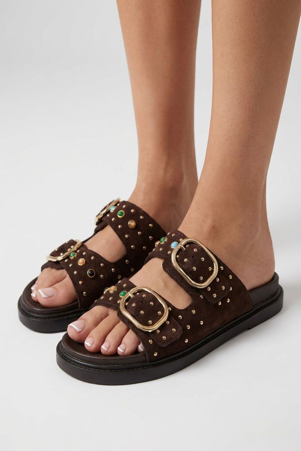 Brown Suede Studded Double Buckle Slide Sandals Embellished Summer Flats