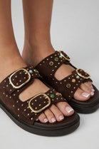 Brown Suede Studded Double Buckle Slide Sandals Embellished Summer Flats