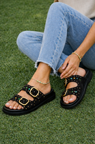 Black Suede Studded Double Buckle Slide Sandals Embellished Summer Flats