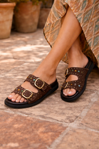 Brown Suede Studded Double Buckle Slide Sandals Embellished Summer Flats