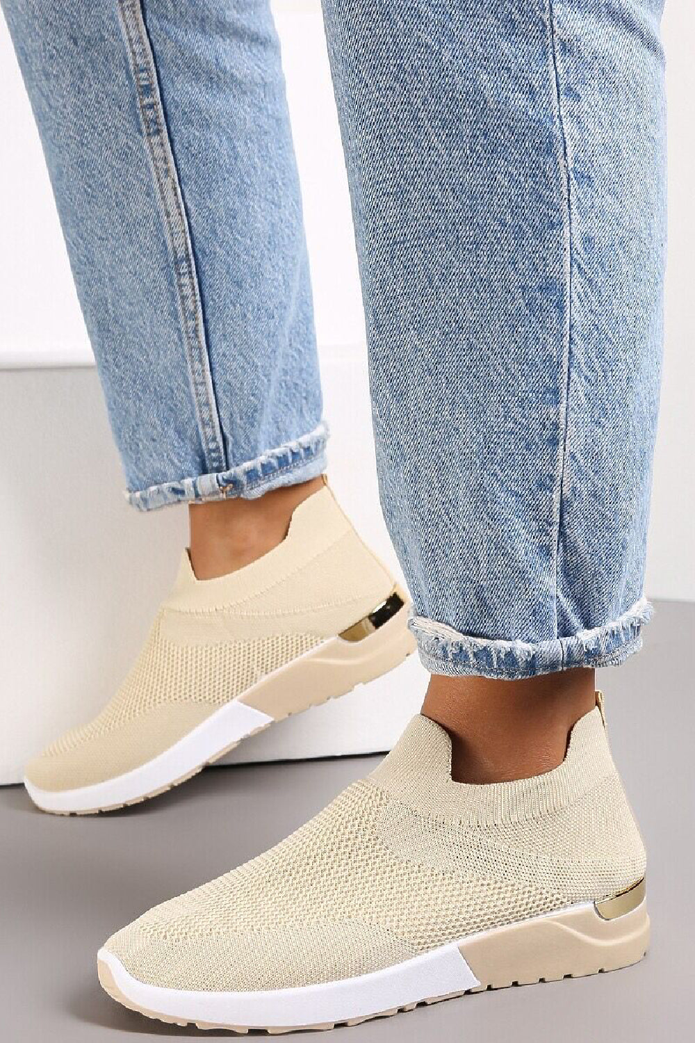 BEIGE SLIP ON GOLD CLIP HEEL DETAIL TRAINERS SHOES