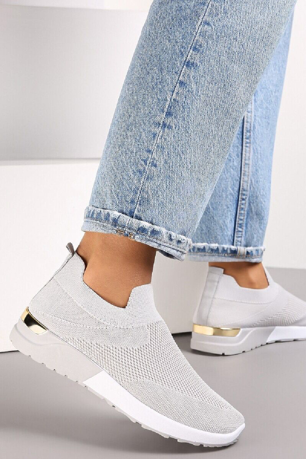 GREY SLIP ON GOLD CLIP HEEL DETAIL TRAINERS SHOES
