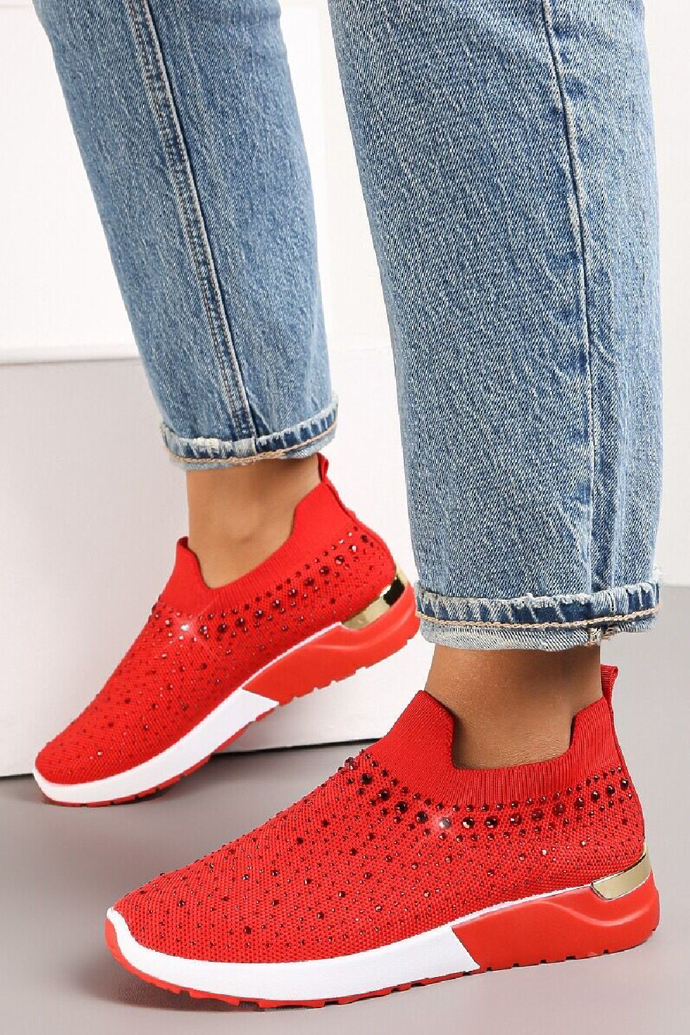 RED DIAMANTE DETAIL SLIP ON TRAINERS SHOES