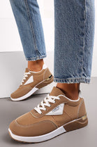 BROWN LACE UP FLAT GOLD HEEL CLIP DETAIL TRAINERS SNEAKERS