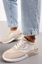 KHAKI BEIGE LACE UP FLAT GOLD HEEL CLIP DETAIL TRAINERS SNEAKERS