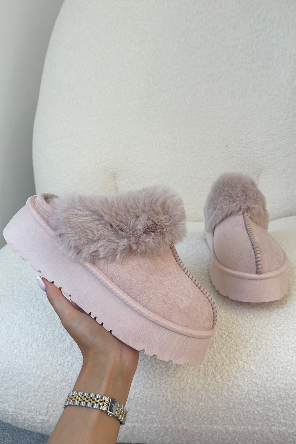 PINK PLATFORM MULE SLIPPER FAUX FUR FLUFFY SHOES
