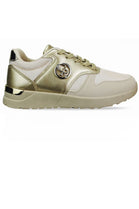 BEIGE GOLD LACE UP TRAINERS WITH GOLD HEEL CLIP