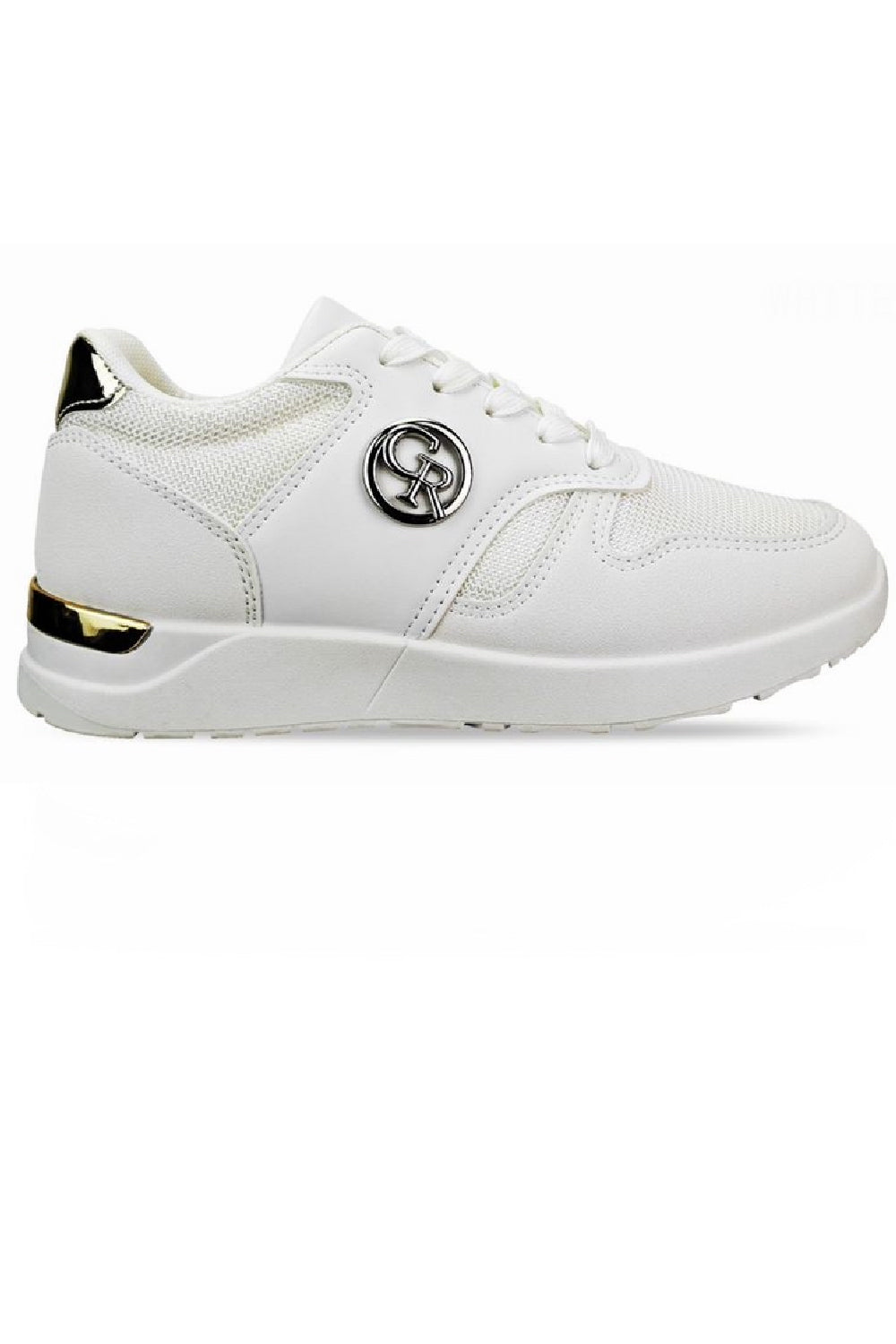 WHITE LACE UP TRAINERS WITH GOLD HEEL CLIP