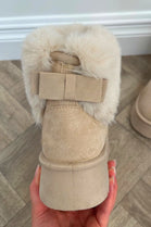 BEIGE FAUX FUR LINED CHUNKY PLATFORM BOW DETAIL FUR COLLAR ANKLE BOOTS