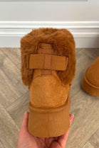 CAMEL FAUX FUR LINED CHUNKY PLATFORM BOW DETAIL FUR COLLAR ANKLE BOOTS
