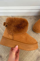 CAMEL FAUX FUR LINED CHUNKY PLATFORM BOW DETAIL FUR COLLAR ANKLE BOOTS