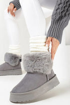 GREY FAUX FUR LINED CHUNKY PLATFORM BOW DETAIL FUR COLLAR ANKLE BOOTS