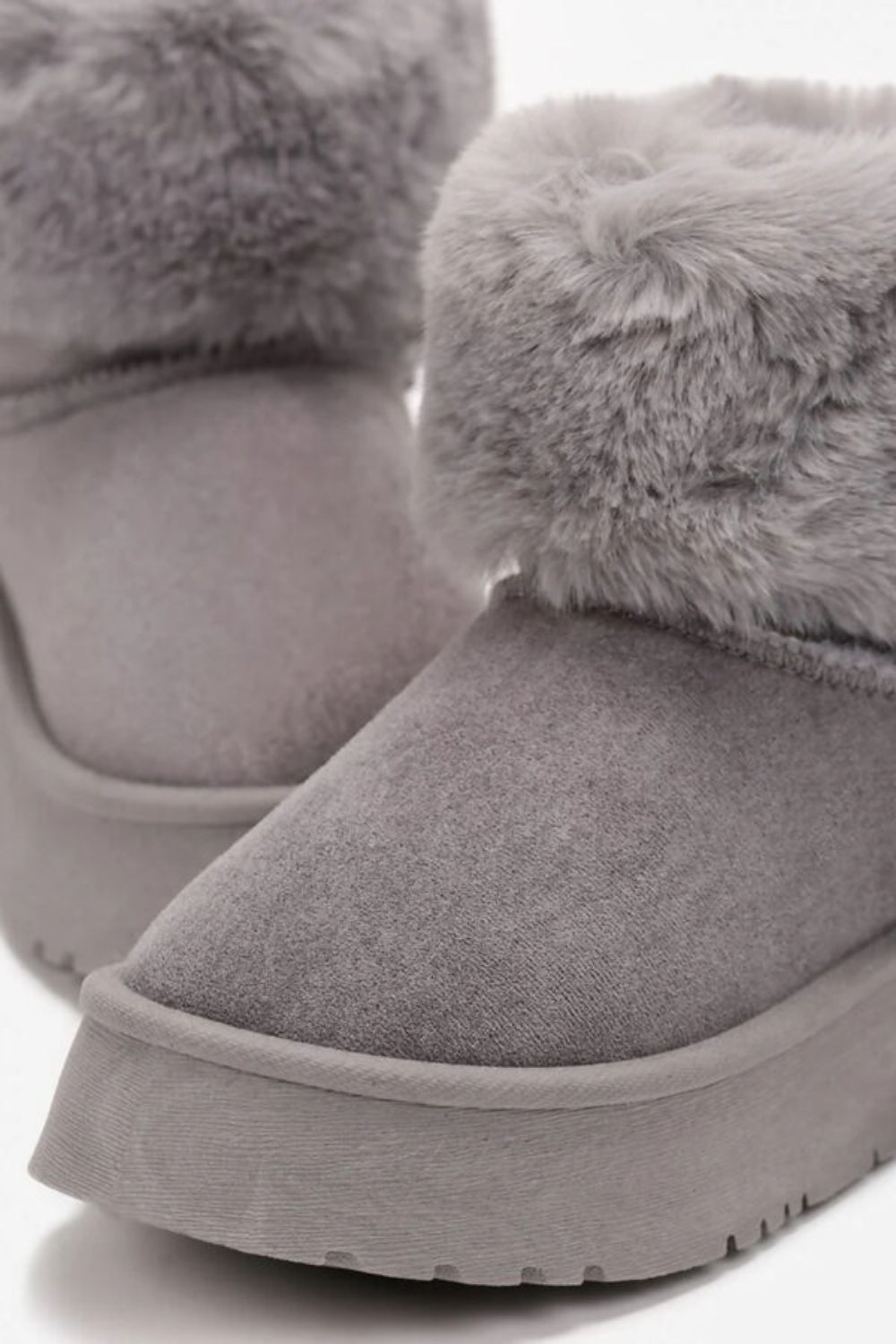 GREY FAUX FUR LINED CHUNKY PLATFORM BOW DETAIL FUR COLLAR ANKLE BOOTS