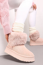 PINK FAUX FUR LINED CHUNKY PLATFORM BOW DETAIL FUR COLLAR ANKLE BOOTS