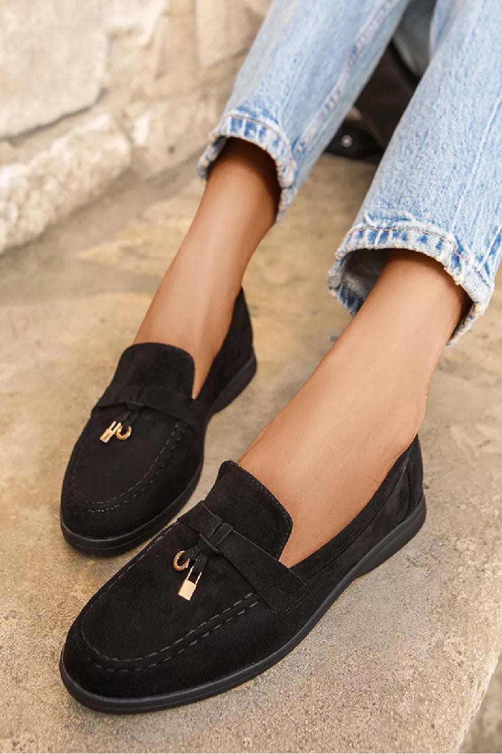 Ladies Black Suede Loafer Shoes with Gold Trim | No Doubt Shoes Ladies Black Suede Loafer Shoes with Gold Trim | No Doubt Shoes