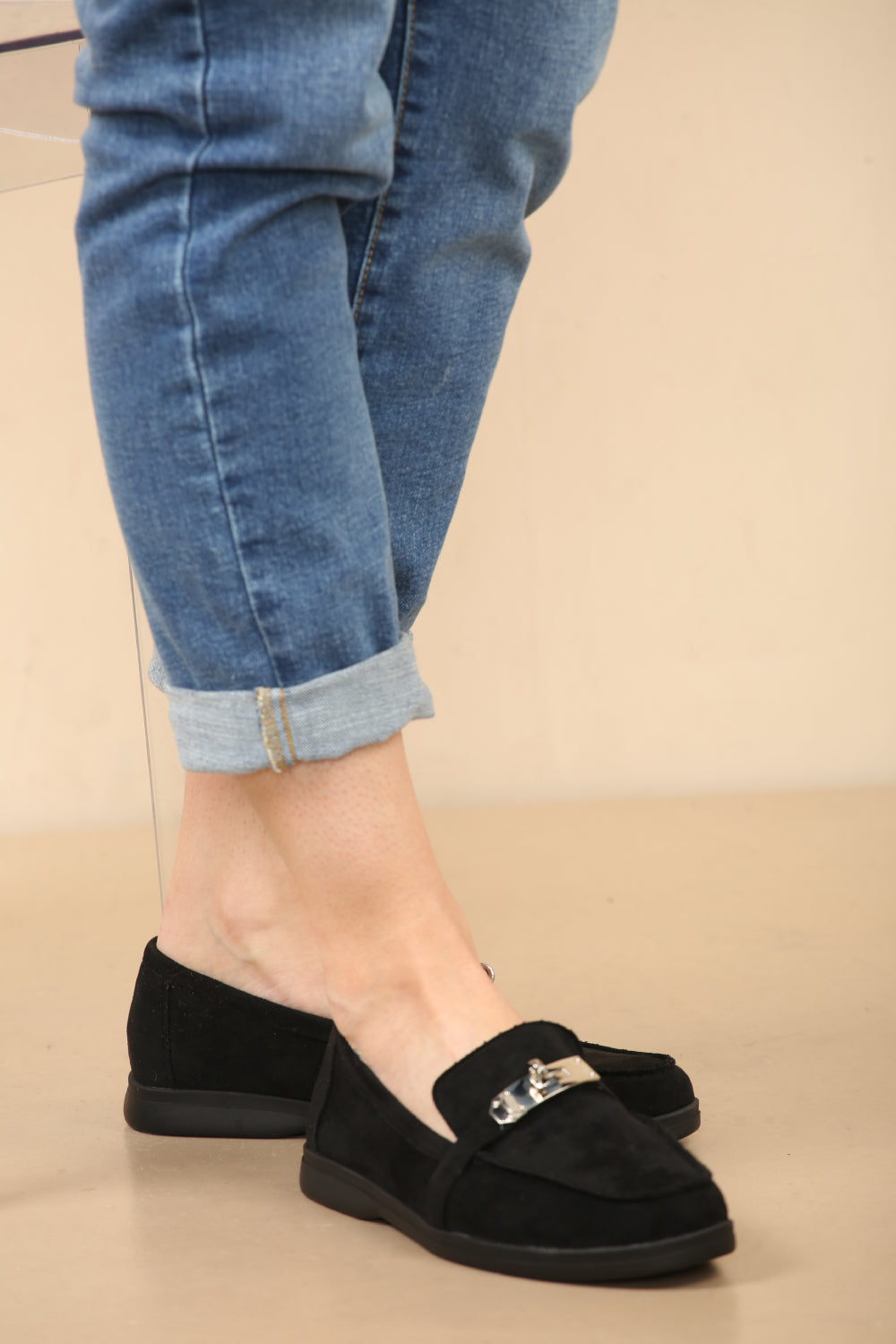 BLACK SUEDE CASUAL METAL DETAIL LOAFERS