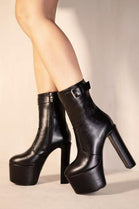Black PU Platform Block High Heel Ankle Boots With Side Zip