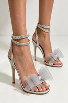 Silver Satin Stiletto Heels with Mesh Bow & Diamante Ankle Strap