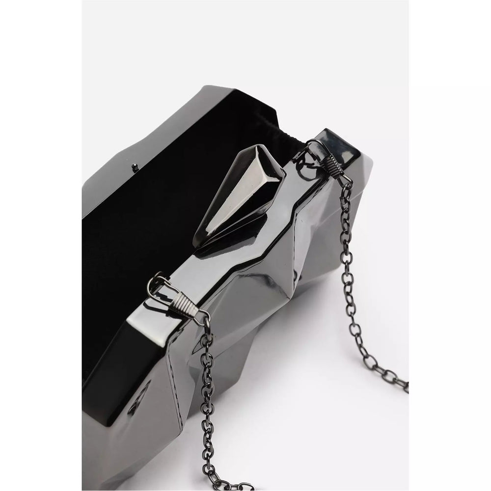 Geometric Black High Shine Hard Case Clutch with Detachable Chain