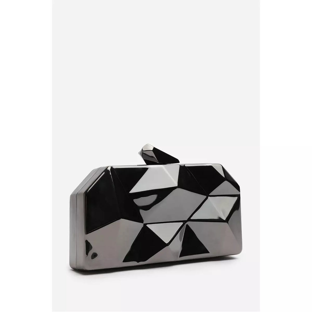 Geometric Black High Shine Hard Case Clutch with Detachable Chain