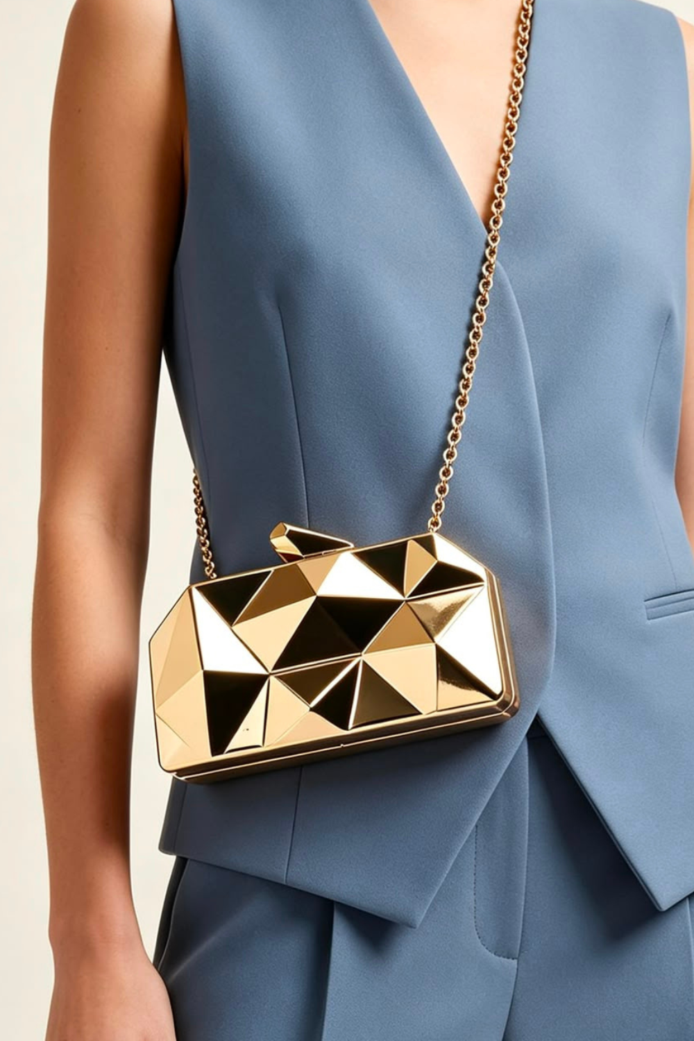 Geometric Gold High Shine Hard Case Clutch with Detachable Chain