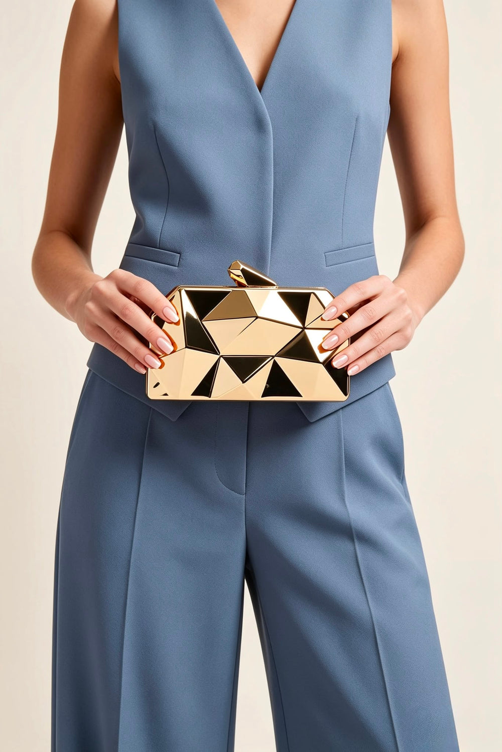 Geometric Gold High Shine Hard Case Clutch with Detachable Chain