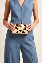 Geometric Gold High Shine Hard Case Clutch with Detachable Chain